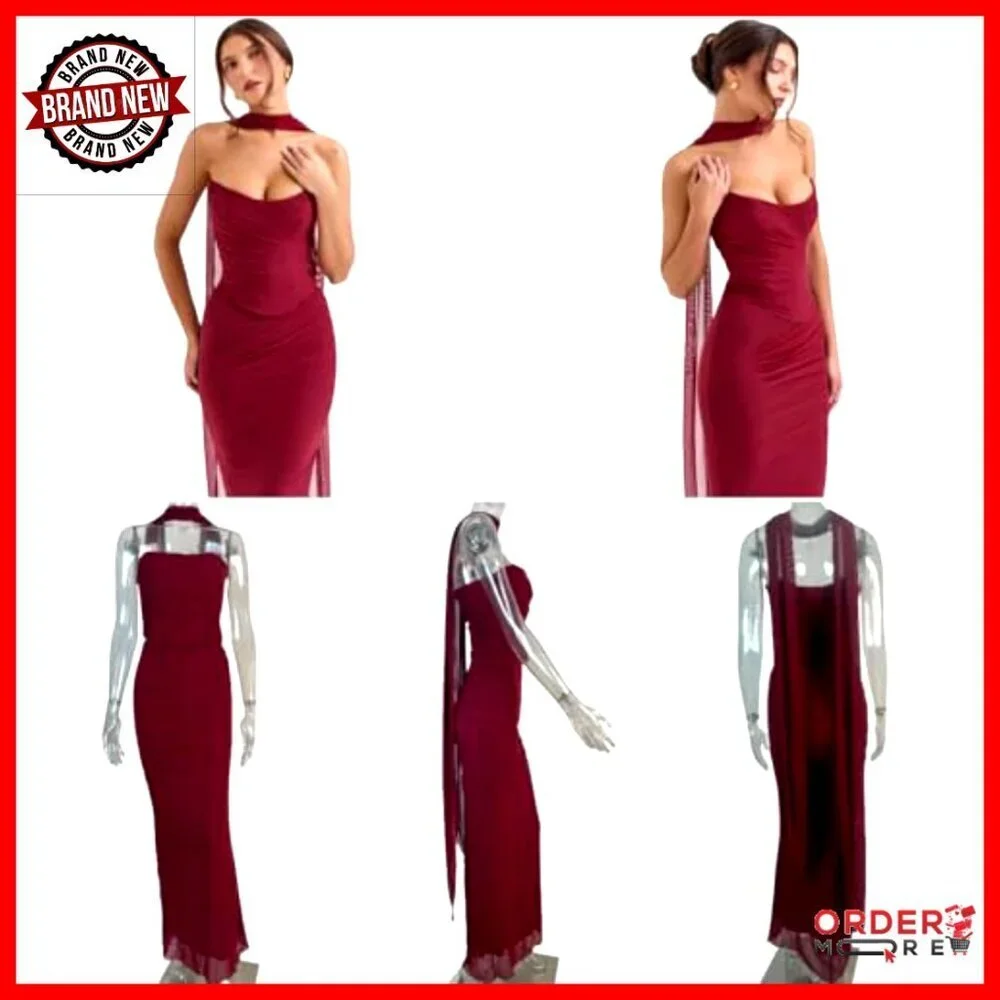 Elegant Boned Corset Tube Top Ruched Maxi Skirt Set Formal Evening Wear